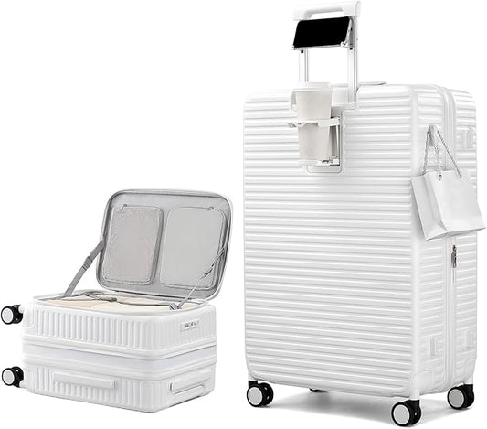 HanTrip Hard Shell Expandable Luggage Sets 2 Piece with Spinner Wheels Cup Holder, Top Opening Lightweight Luggage Rolling Suitcase with Lock, Carry On And Checked Luggage Set 2 Piece (White, 20/28)