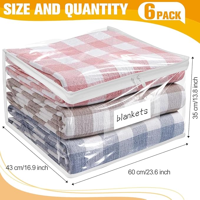 Kikerike Plastic Storage Bags with Easy-Glide Zipper, Pack of 6, Durable Clear Vinyl Zippered Storage Bags for Clothes Sweaters Comforters Blankets Sheets Bedding (23.6 x 16.9 x 13.8 Inch)