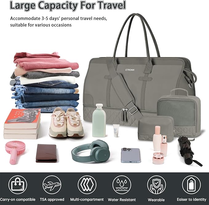 ETRONIK Weekender Overnight Bags for Women, Large Travel Duffle Bags with Shoe Compartment & Wet Pocket, Carry On Gym Bag with Toiletry Bags for Hospital 3 Pcs Set, Large Size, Grey Green
