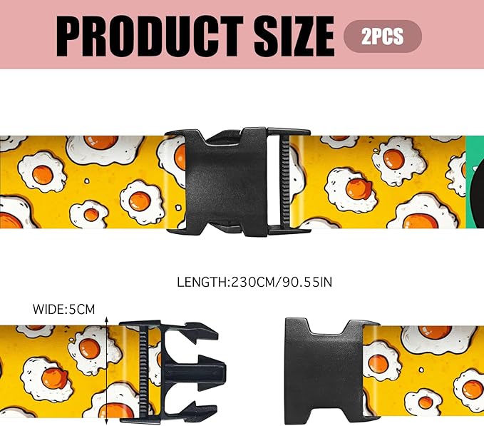 Nuxovilar Luggage Straps of 2 Set Fried Eggs Pattern, 1.96x90.5 inches - Luggage Straps for Suitcases, Perfect for Food Lovers, Short Trips, Daily Travel