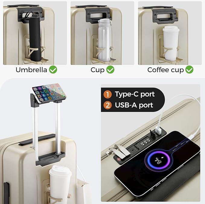 Carry On Luggage Top Opening with Cup Holder & Phone Holder, Expandable PC Hard Shell Suitcase, USB Charging Port, Side Hook, 360° Spinner Wheels, TSA Lock & YKK Zippers for Women Man Gifts