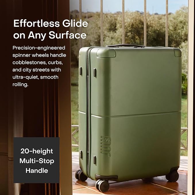 Checked Plus with CaseSafe - 28.75" Trackable TSA Lock Airline Approved Check In Luggage with Wheels, Rolling Suitcase for Men & Women - Silent Spinner Wheels, Y-Strap - Moss