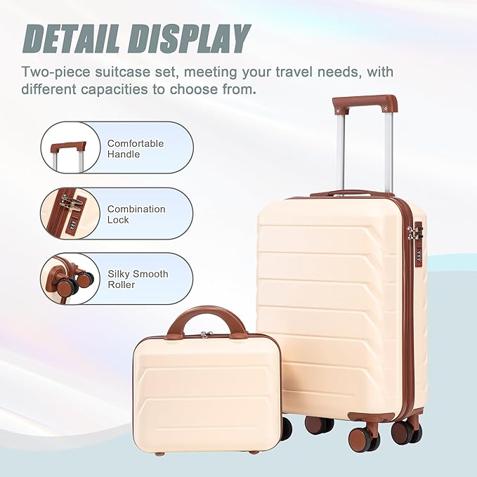 Hardside Luggage, Lightweight Durable ABS Suitcase Spinner Wheels, 20+14 Luggage