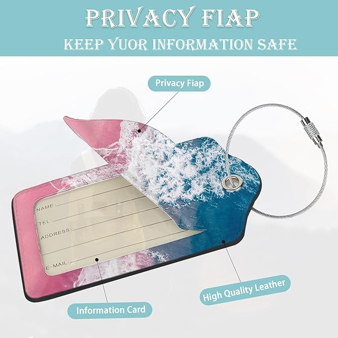Luggage Tags for Suitcase,2 Pack Pink Beach Blue Ocean Luggage Tag PU Leather Privacy Cover ID Label with Stainless Steel Loop for Women Men Teens Travel