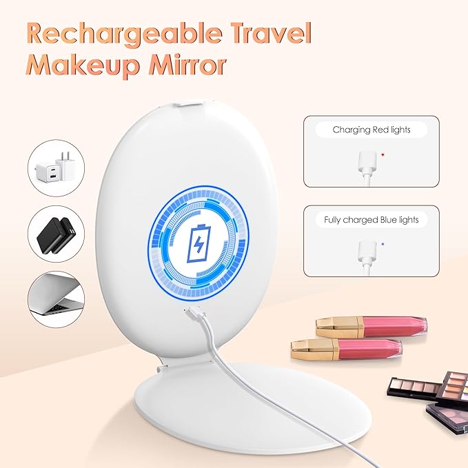 COSYGLOW Travel Makeup Mirror with Light: 3 Color Lighting Portable Mirror with Touch Screen Rechargeable Adjustable LED Lights Hexagon Vanity Mirror for Travel, Desk, Home (Round White)
