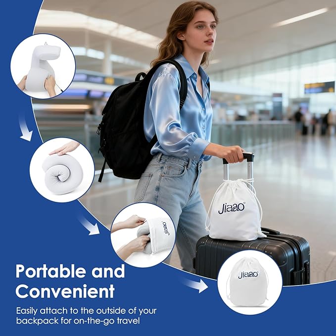 jiaao Travel Pillow Memory Foam Neck Support, Comfortable Airplane Neck Pillow with Adjustable Drawstring for Planes, Cars, Trains, and Long Journeys