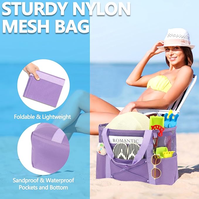 Fammart Mesh Beach Bag, Large Beach Tote with Zipper Pocket, Toys Pool Bag for Family Travel Vacation Cruise Essentials