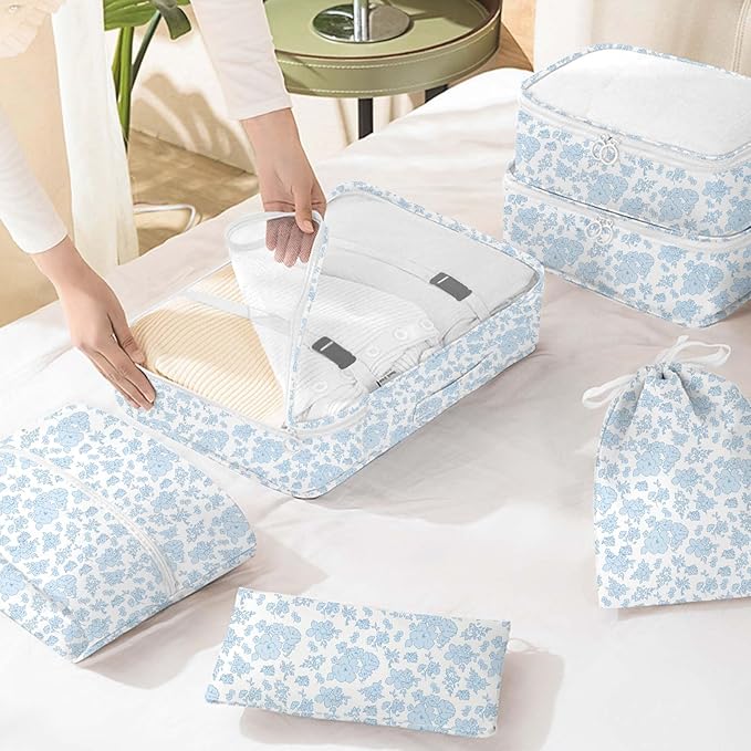 8 Set Packing Cubes for Travel, Luggage Packing Organizers Accessories Large Toiletries Bag for Clothes Shoes Cosmetics (Blue Flower)
