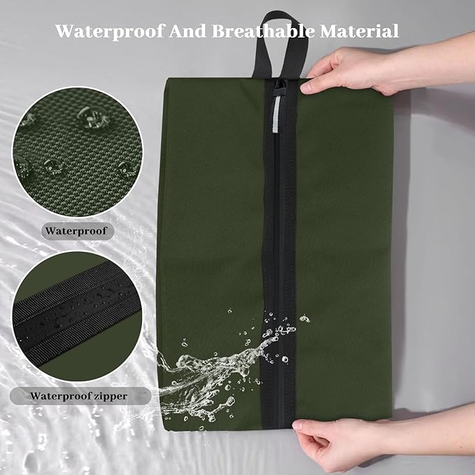 Shoe Bags for Travel Waterproof Odor Absorbing Lightweight Golf Soccer Shoe Storage Organizer Pouch with Smooth Zipper and Handle, Portable Travel Essentials (Dark Green, 1-Pack)