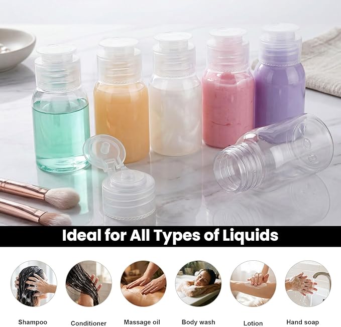 Travel Bottles for Toiletries 6 Pack 2.2oz/65ml Leak Proof Travel Size Toiletries Wide Mouth Containers TSA Approved Squeeze Bottles with Flip Cap for Shampoo Conditioner Body Wash(Clear)