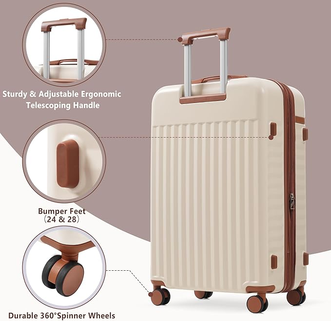 Merax Luggage Sets 3 Piece,Front Open Hardshell Expandable Suitcase with Spinner Wheels and Duffel Bags,Lightweight Carry on Luggage with USB Port,20/24IN,White and Brown