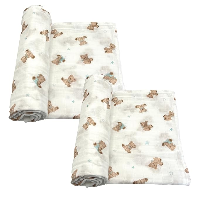 American Baby Company 2-Pack 100% Cotton Muslin Swaddle Blanket (47" x 47"), Soft, Breathable & Lightweight, Teddy Bear, Perfect for Swaddling, Travel and Gifting