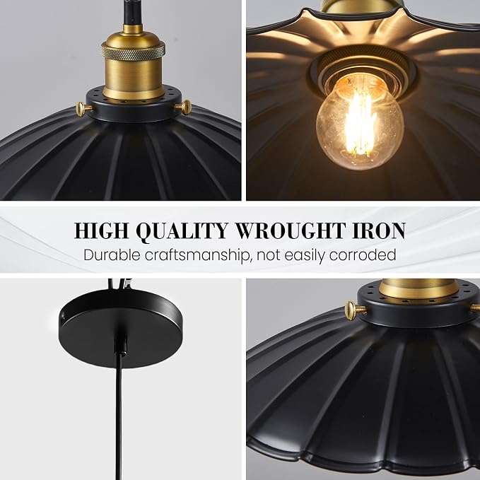 Black Pendant Light, 9.8 Inch Retro Hanging Lamp for Bedroom, Glossy Hanging Kitchen Lights Living Room 6.5Ft Height Adjustable Indoor Pleated Pendant Light
