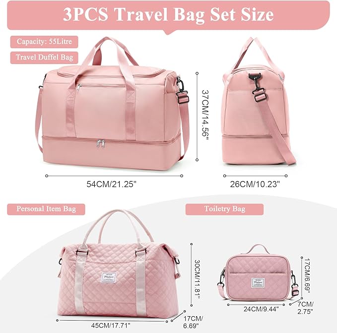 Extra Large Travel Duffle Bag,Carry-on Overnight Bag with Shoes Compartment,Weekender Bags for Women for Travel Business Trips Sport Hospital,3 Pcs Set,Pink