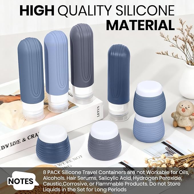 Travel Bottles for Toiletries 8 Pack, TSA Approved Travel Size Toiletries Containers Set, 4 Silicone Leak Proof Refillable Bottles and 4 Creams Jars Accessories Kit W/Clear Bag (BLUE)