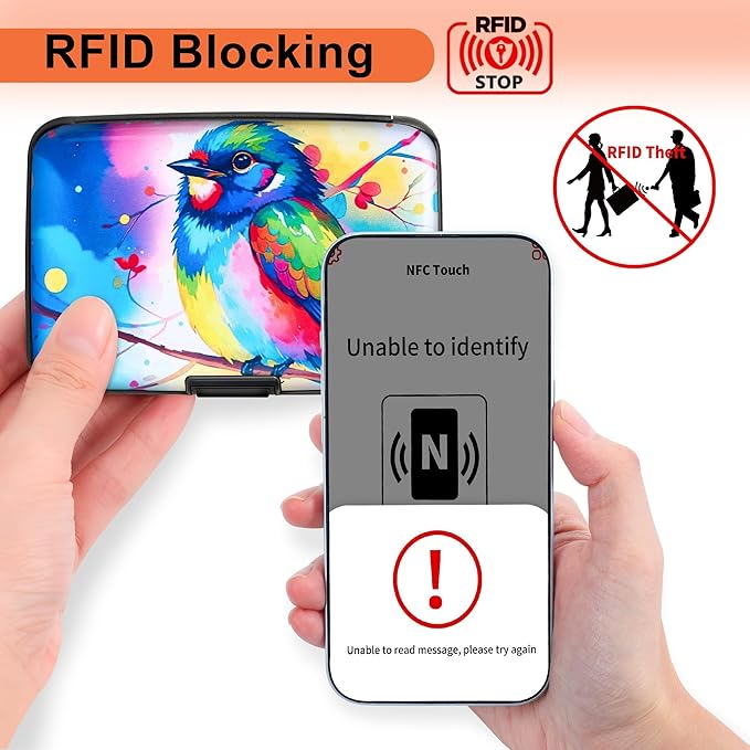 Mayski Credit Card Holder, RFID Blocking, Aluminum Alloy Hard Case, Small Mini Business Metal Wallet for Women Men, Colorful Bird
