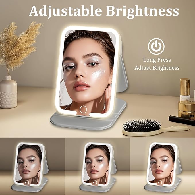 Rechargeable Travel Mirror with Light, LED Makeup Mirror with Lights, Portable Vanity Mirror with 3 Color Lighting, Touch Dimmable Lighted Cosmetic Mirror, Travel Essentials (Gray)