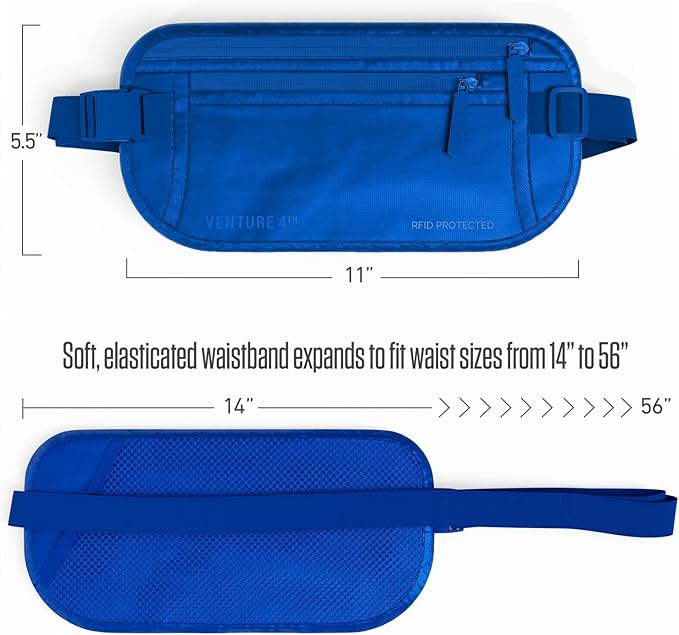 VENTURE 4TH Money Belt for Travel – Hidden Under-Clothes RFID Blocking Passport Holder & Slim Travel Wallet Pouch for Men & Women to Protect Cash, Cards & Documents (Sleek Blue)