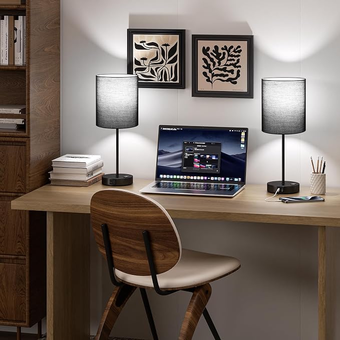 17.6" Black Touch Lamps for Bedroom Set of 2 - Dimmable, USB C+A, AC Outlet | Large 17.6" Tall Lamp, 3-Way Dimming, 5000K Daylight Bulbs, Black Lampshade Black Base, for Living Room, Boys, Men, Girls