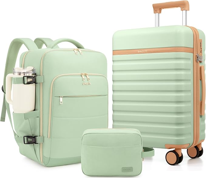 Luggage Sets 3 Piece, Carry On Luggage 20In With Spinner Wheels,PC Hardside Suitcase Set with TSA Lock,Durable Carry On Suitcase With Travel Backpack for Men (Light Green, 3 piece set (BP/20inch))