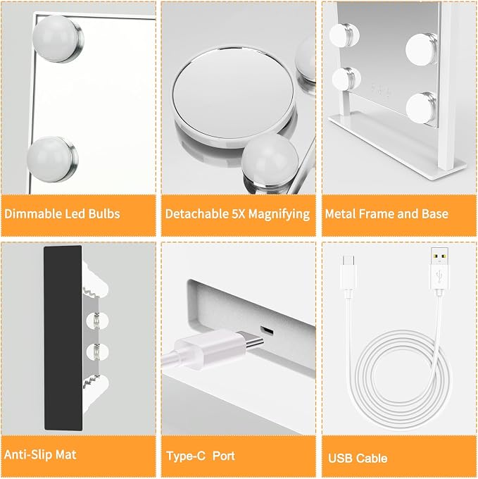 Dirket Vanity Mirror with Lights, Hollywood Lighted Makeup Mirror with 3 Color Lighting Modes and 9 Dimmable Bulbs, Detachable 5X Magnification, Smart Touch Control, 360°Rotation, White
