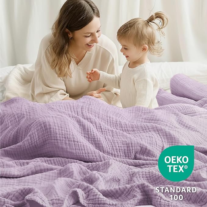 100% Cotton Muslin Blanket Large 50" x 70", 6 Layers Breathable and Lightweight Cotton Throw Blanket for Bed and Couch, Soft Quilt Bedspread, Gauze Blanket for Adults All Season, Lavender