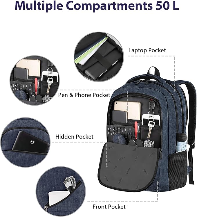 MATEIN Extra Large Laptop Backpack for Men, 50 L Travel Carry On TSA Approved Backpack with Trolley Sleeve, Waterproof Business Work Bag Fits 18.4 Inch Computer Notebook, Dark Blue