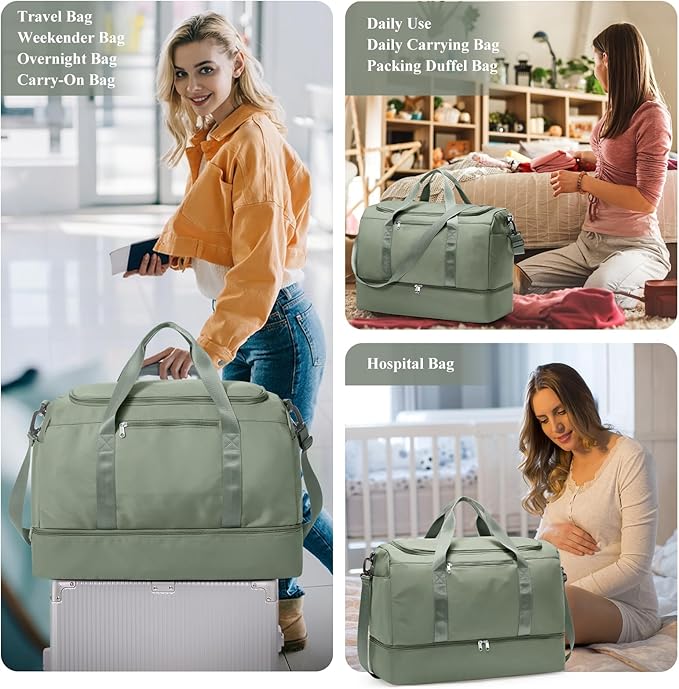 Extra Large Travel Duffle Bag,Carry on Overnight Weekend Bag with Shoes Compartment,Weekender Bags for Women for Travel Business Trips Sport Hospital,3 Pcs Set,Olive Green
