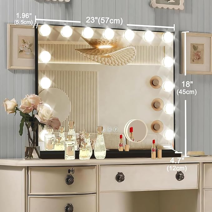 Ratsamee Black Hollywood Vanity Mirror with Lights, 15 Dimmable Bulbs, 3 Color Lights,Make Up Lighted Mirror, Aluminum Metal Frame, USB Charging Port（23" x 18"）