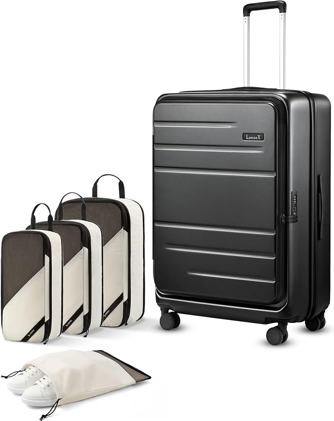 LUGGEX Checked Suitcase with Spinner Wheels and Travel Packing Cubes Bundle,FLO5 Top Opening Expandable Polycarbonate Hard Shell Suitcase (FX-Core, Black, 28 Inch)
