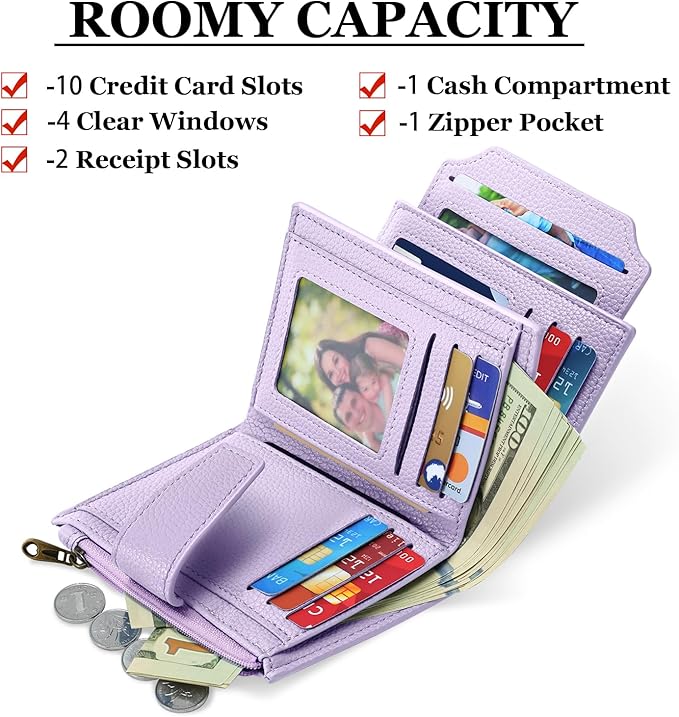 Airkit Small Wallet Women RFID Blocking Soft Leather Bifold Compact Card Holder Wallet for Women with Zipper Coin Pocket 4 ID Window