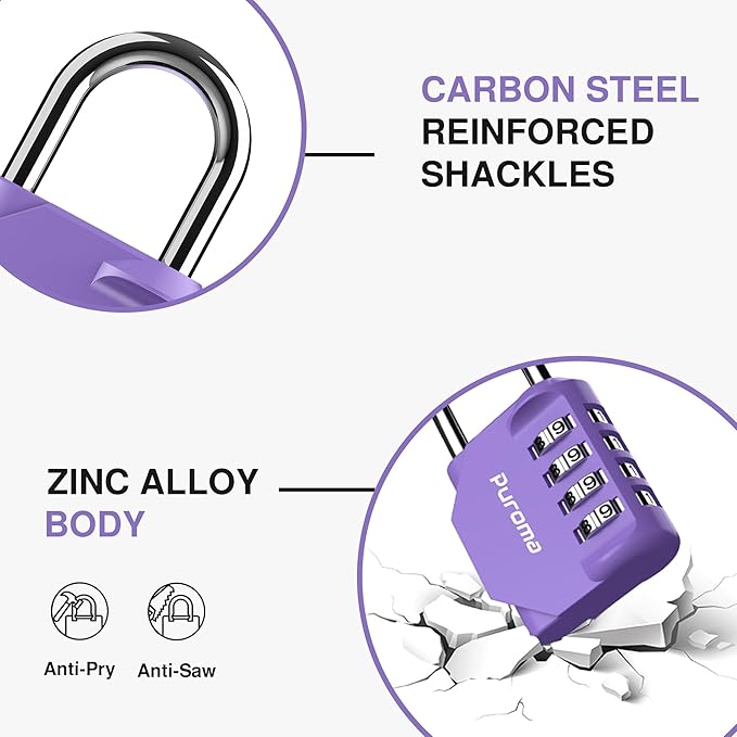 Puroma 2 Pack Combination Lock for Locker 4 Digit Outdoor Waterproof Padlock for School, Gym, Sports, Fence, Toolbox, Gate, Case, Outdoor, Hasp Storage (Purple)