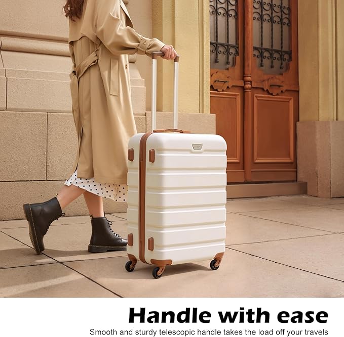 Coolife Luggage 3 Piece Set, Lightweight Durable Hardshell Suitcase set with 360° Spinner Wheels, TSA-approved Lock, Checked Family Travel Luggage sets, 20/24/28 Inch, Apricot White