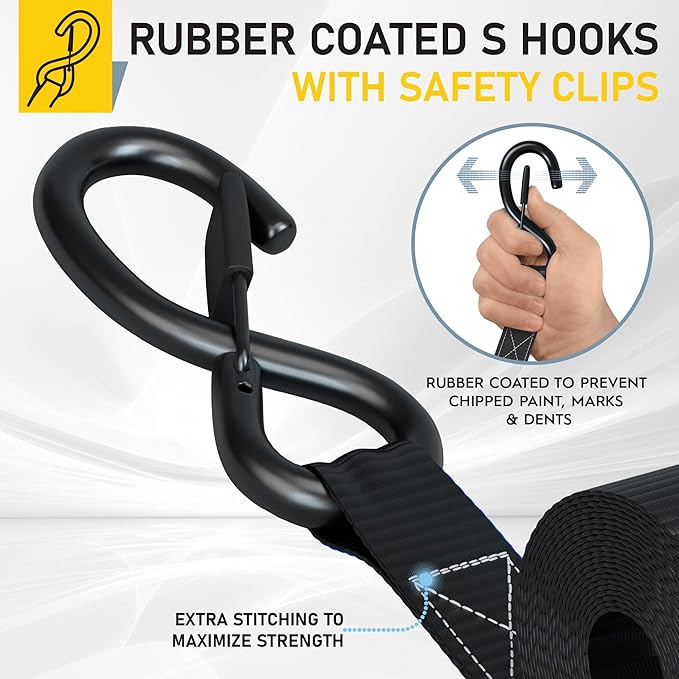 AUGO Ratchet Straps Heavy Duty 4 Pack -15 FT - 2200 LB Break Strength – Ratchet Tie Down Straps with Safety Lock S Hooks - Cargo Straps for Moving, Appliances, Motorcycle – Soft Loop Tie Down Straps