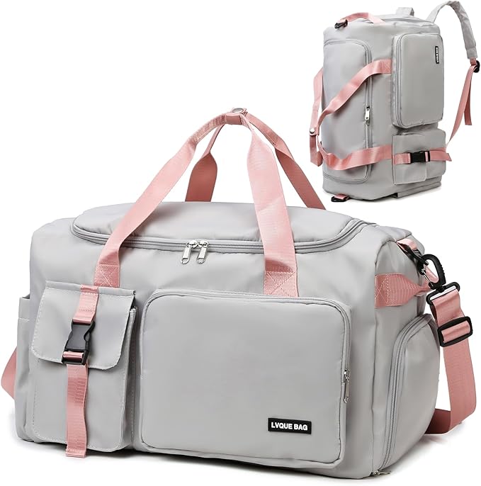 Eslcorri Gym Duffle Bag for Women Men, Sports Backpack with Wet & Shoe Compartment, Fitness Overnight Weekender Bag for Yoga, Swim, Travel (Style B, GrayPink)