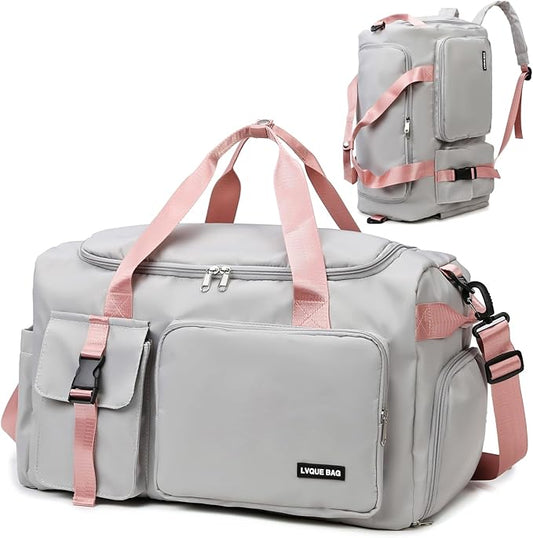 Eslcorri Gym Duffle Bag for Women Men, Sports Backpack with Wet & Shoe Compartment, Fitness Overnight Weekender Bag for Yoga, Swim, Travel (Style B, GrayPink)