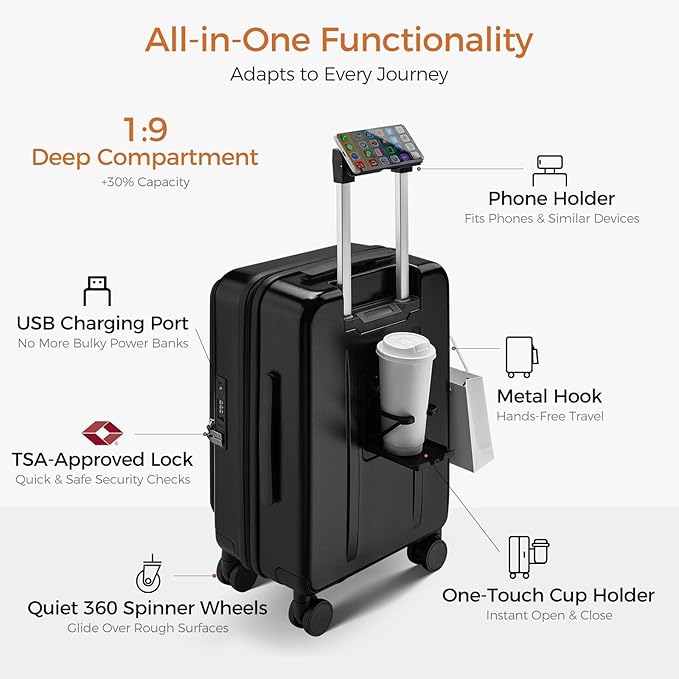 Carry On Luggage Top Opening with Cup Holder & Phone Holder, Expandable PC Hard Shell Suitcase, USB Charging Port, Side Hook, 360° Spinner Wheels, TSA Lock & YKK Zippers for Women Man Gifts