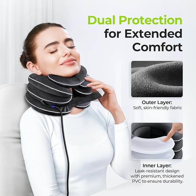 AUVON Inflatable Neck Stretcher for Cervical Traction, Cervical Stretcher with 3-Layer Design in Varying Sizes for Instant Relief, Neck Brace Pillow for Neck Support, Decompression Home Use, L Size