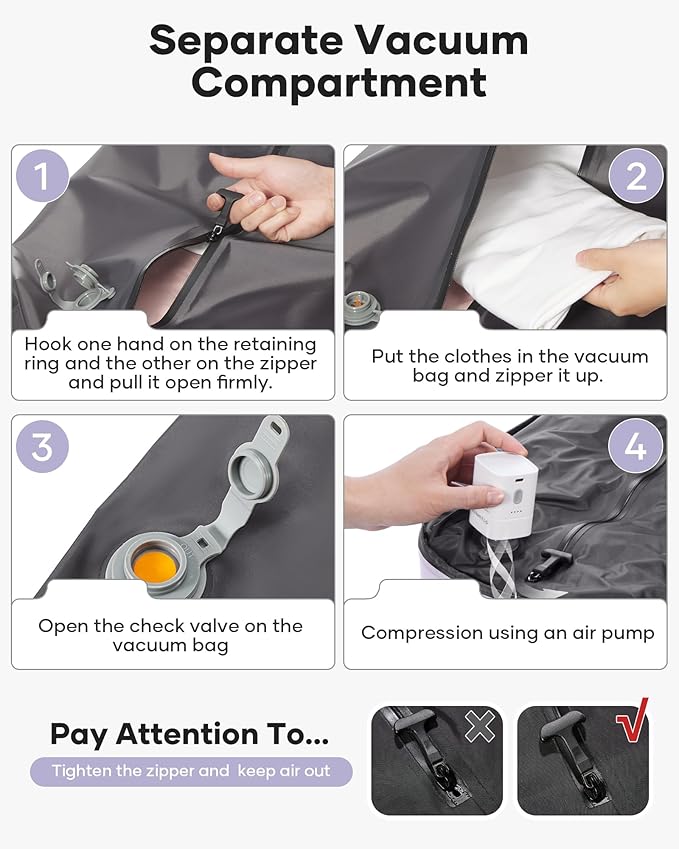 VECAVE Vacuum Backpack Travel with Pump, Expandable Personal Item Carry on Backpacks for Women Men, Laptop Waterproof Work Compression bags with USB Casual Daypack Purple