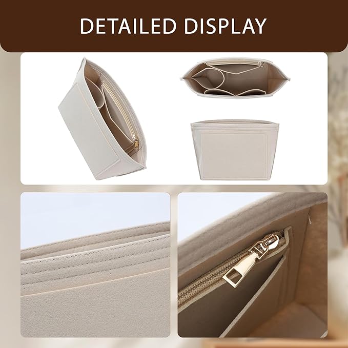 Premium Felt Purse Organizer Insert for Longchamp Le Pliage, Zipper Long Champ Bag Organizer Insert with Cup Holder, 8 Compartments