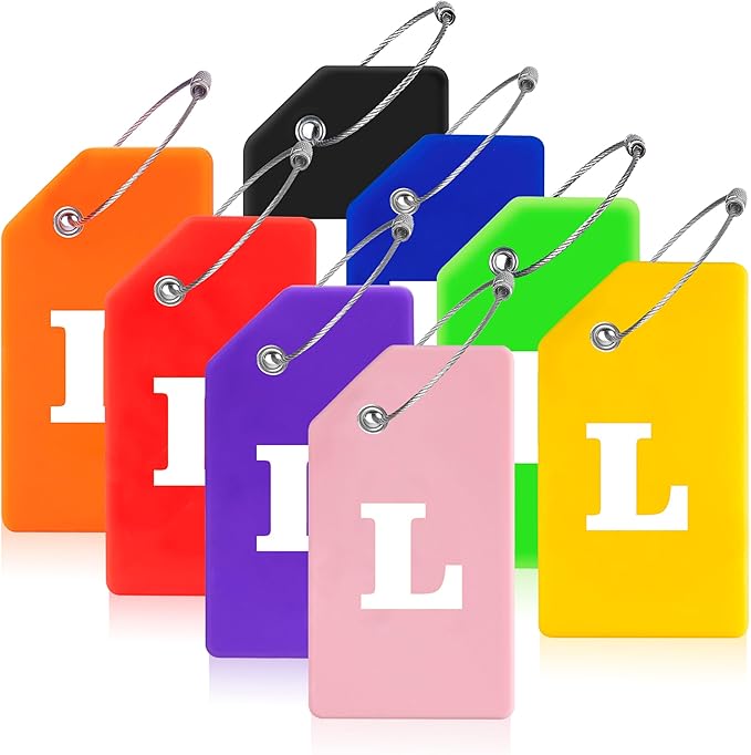Gostwo 8 Pack Luggage Tags for Suitcases, 26 Initial Letter Travel Luggage Baggage Identification Labels ID Tags Fully Bendable Tags with Stainless Steel Loop (Letter L, Colorful)