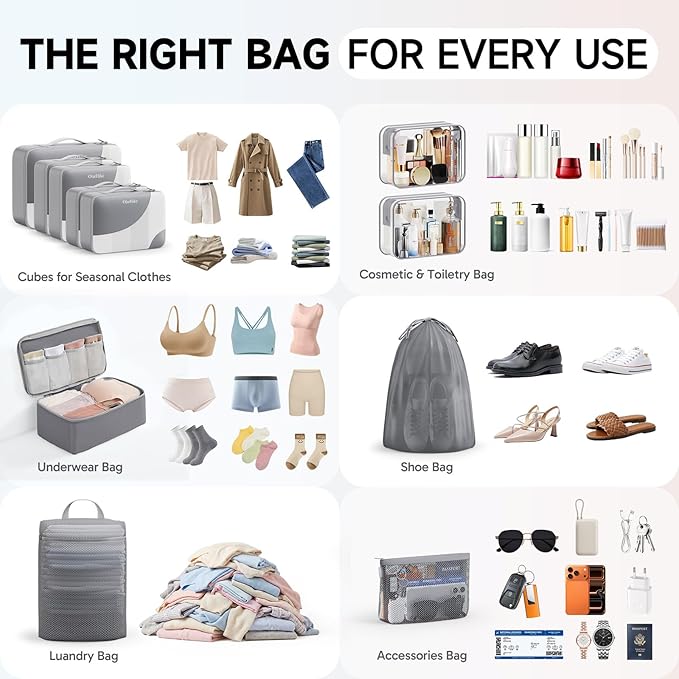 11 Set Packing Cubes for Travel, Gifts for Women Mom Kids, TSA Approved Bags for Makeup, Cosmetic, Toiletry, Suitcase Organizers for Checked Luggage, Cruise Essentials,Airplane Accessories, Grey