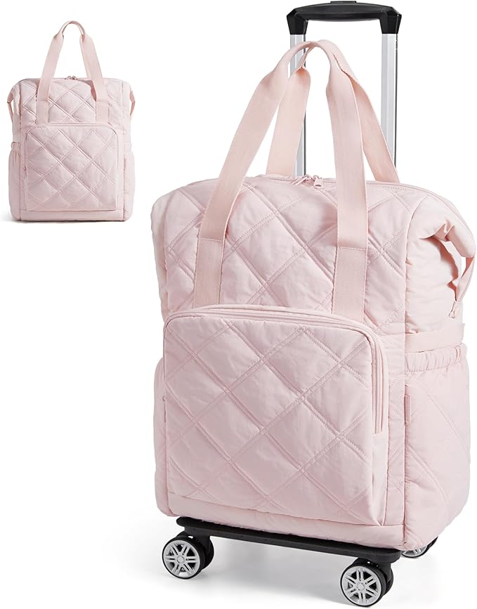 BAGSMART Rolling Duffle Bag with Wheels, 35L Carry on Travel Bag with Detachable Wheels, PVC Wet Pocket Duffel bag with Wheels, Baby Pink