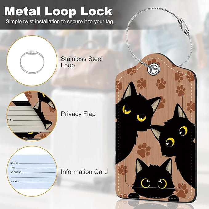 2Pack Luggage Tags for Suitcases, Cute Unique Pu Leather Cruise Luggage Tag with Privacy Cover ID Label Address Card and Metal Ring Suitable for Women Men Kids Travel Bag Black cat