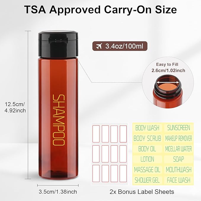 Cosywell 5 Pack 3.4oz Travel Bottles for Toiletries Pre-Printed Travel Shampoo Bottles TSA Approved Toiletry Wide Mouth Leak Proof Squeeze Bottle for Lotion Toothpaste Cream(Brown)