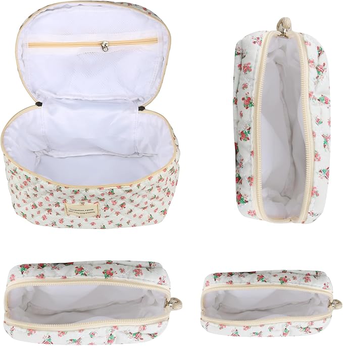Cute Makeup Bag for Women(2 Pcs), Travel Cosmetic Bags, Quilted Coquette Aesthetic Floral Toiletry Organizer Bag (42 - Red Rose/4PCS)