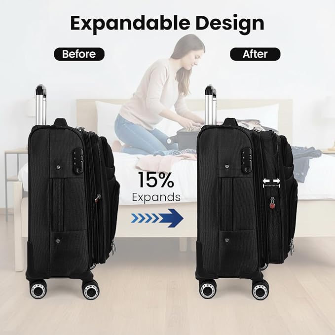 Softside Luggage Sets 3 Piece,Expandable Lightweight Durable Suitcase Sets Double Spinner Wheels w/Combination LOCK （20''/26''/30''）#Black