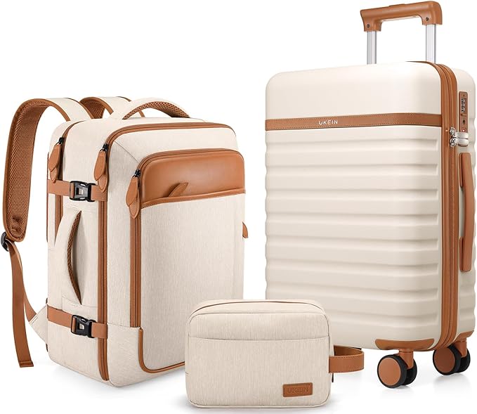 UKEIN Luggage Sets 3 Piece, PC Hardside Large Luggage 24Inch With Spinner Wheels with TSA Lock, Carry On Suitcase Set With Travel Backpack for Men (Beige, 3 piece set (24inch))