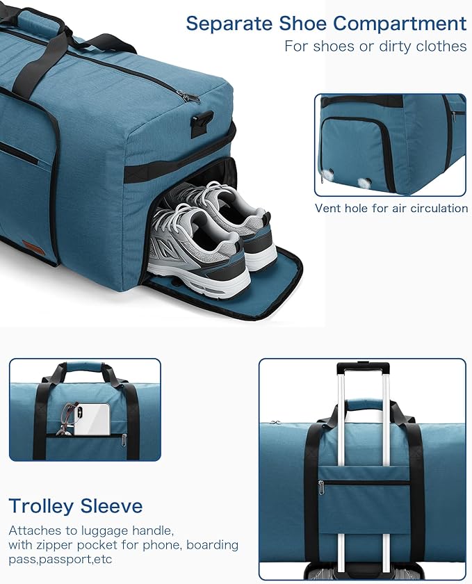 100L Travel Duffle Bag for Men, Urtala 32” Large Duffle Bag for Traveling with Shoe Compartment, Foldable Travel Duffel Bag for Men Women Waterproof & Tear Resistant (Light Blue, EXTRA LARGE, 100L)