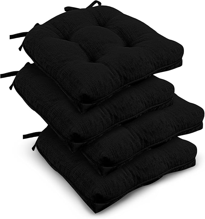 downluxe Indoor Chair Cushions for Dining Chairs, Tufted Overstuffed Textured Kitchen Chair Pads with Ties and Non-Slip Backing, 16.5" x 16.5" x 4", Black, 4 Pack